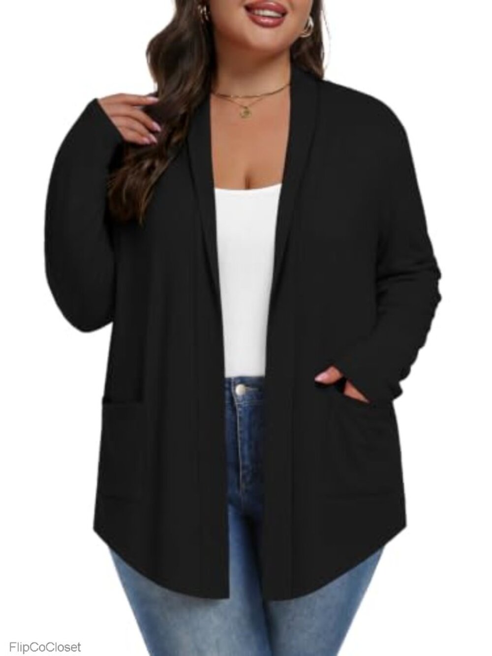 Women Plus Size Cardigan Sweater with Pockets, V-Neck Open Front, Asymmetrical